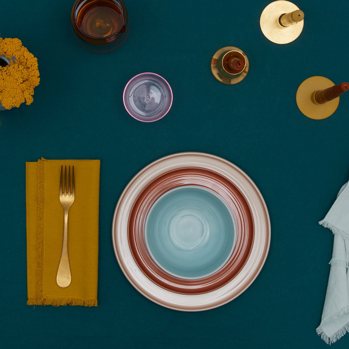 Place setting on Essential Cotton Tablecloth in Peacock.