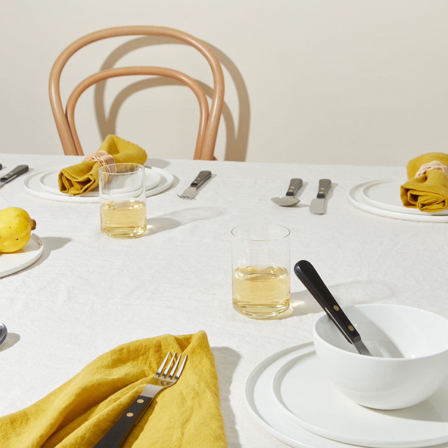 Table setting with Simple Porcelain Dinnerware, Simple Glassware, Simple Linen Napkins, and Provencal Flatware.