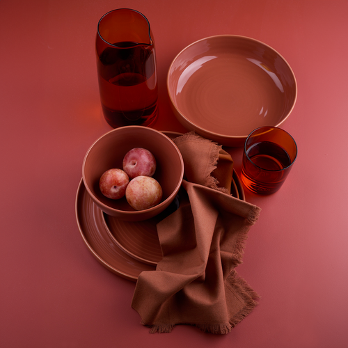 Essential dinnerware, glassware, pitcher, and napkins in Terracotta tones.