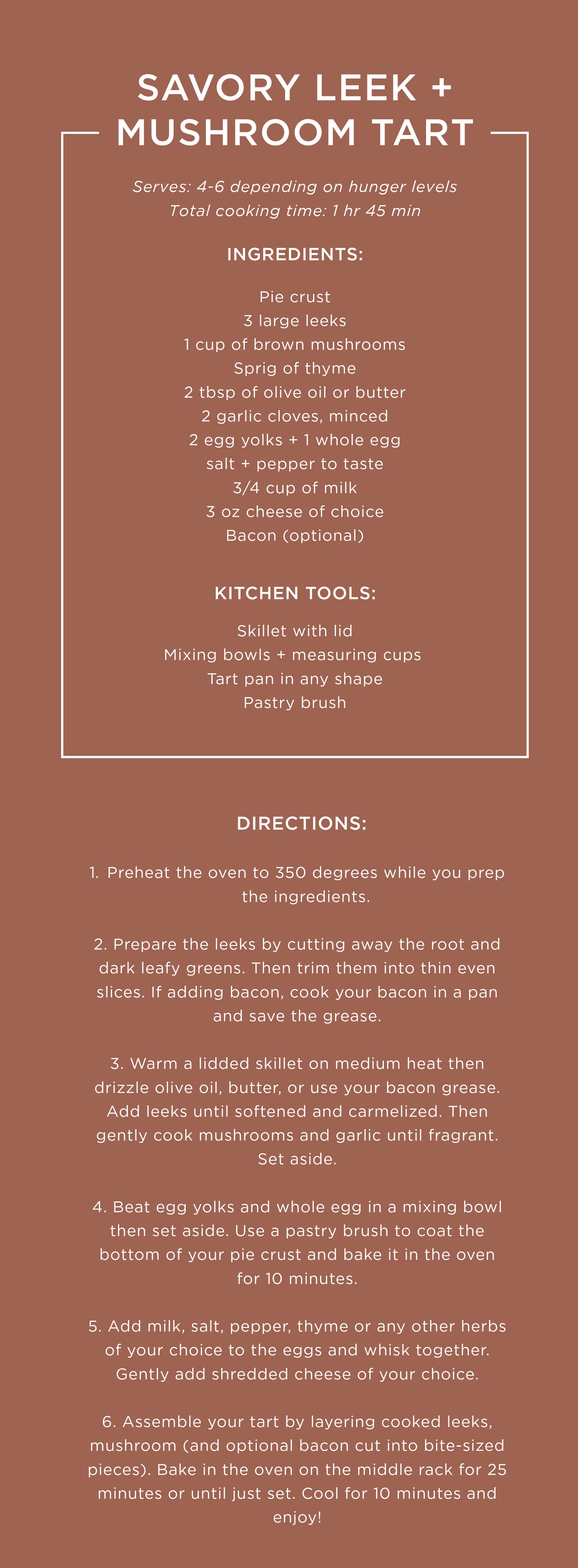 Recipe card for a leek and mushroom tart.