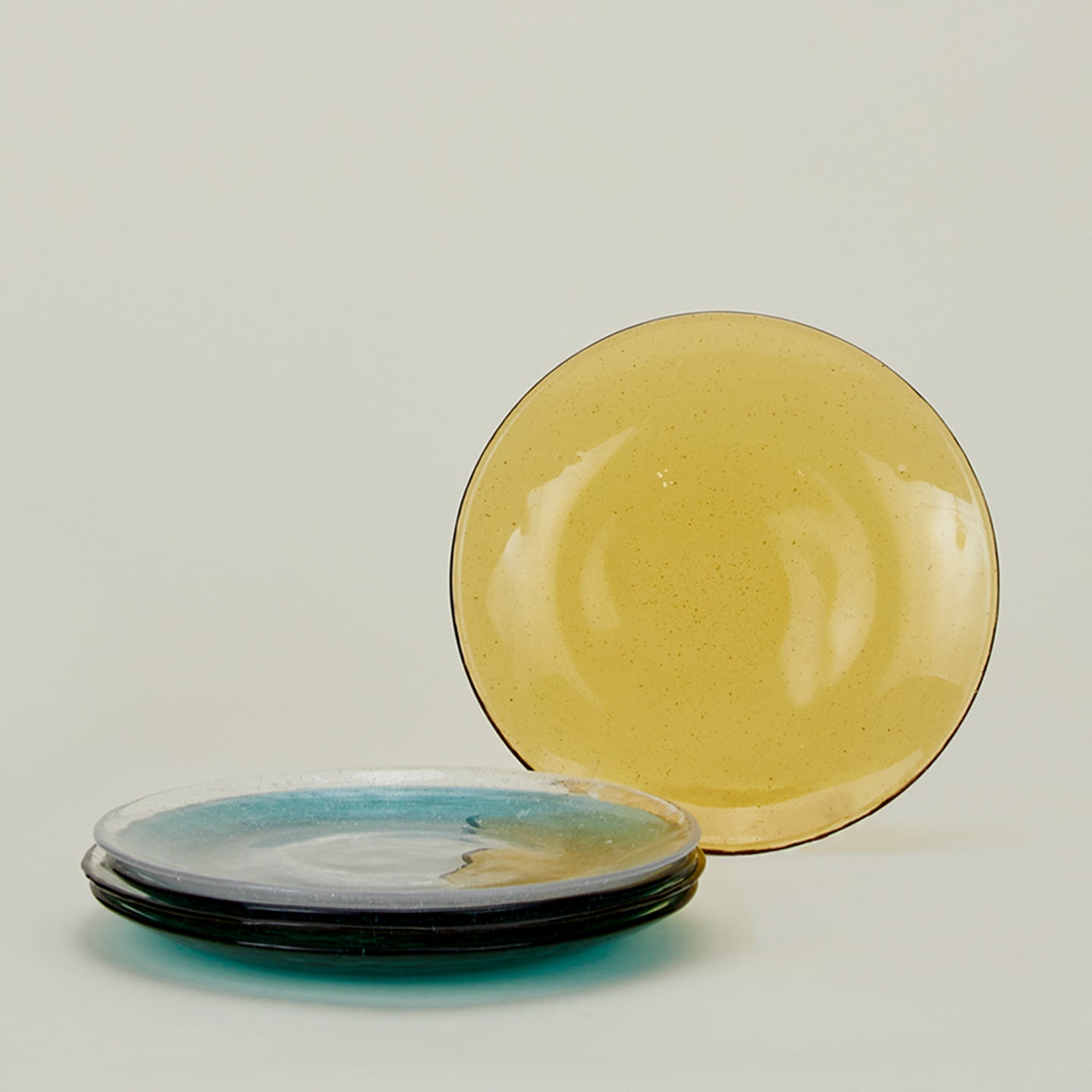 Group of Glass Salad Plates in various colors.