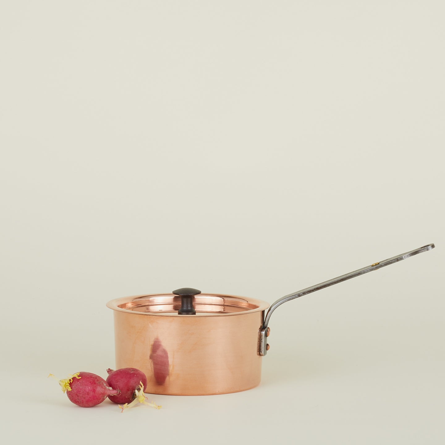 Medium copper saucepan with radishes