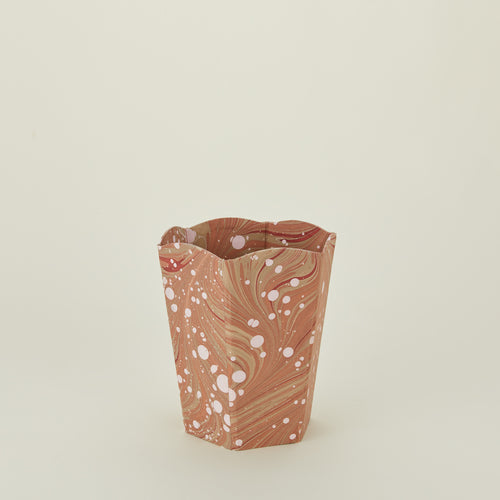 Marbled scalloped wastebasket in mocha.