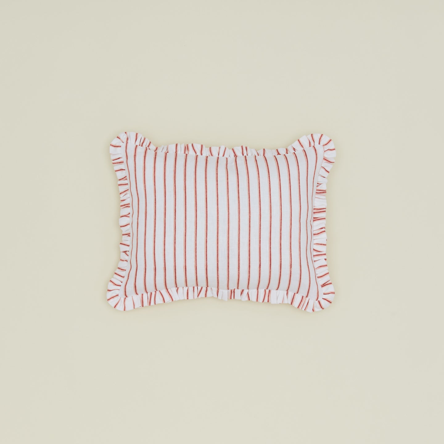 Block printed striped ruffled pillow in Red.