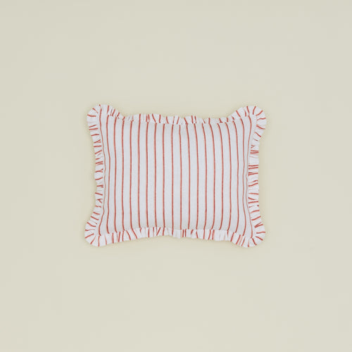 Block printed striped ruffled pillow in Red.