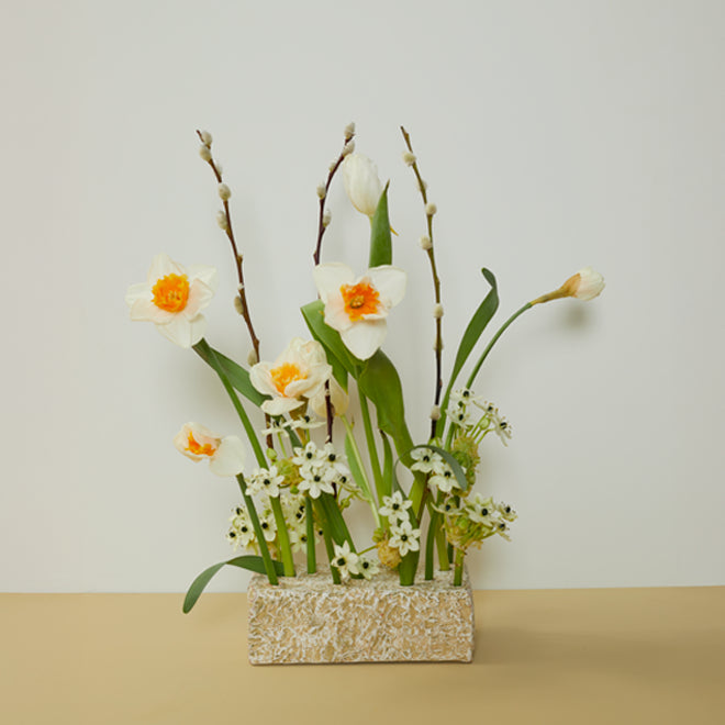 An ikebana style flower arrangement featuring daffodils and pussy willows in a block-shaped floral frog.