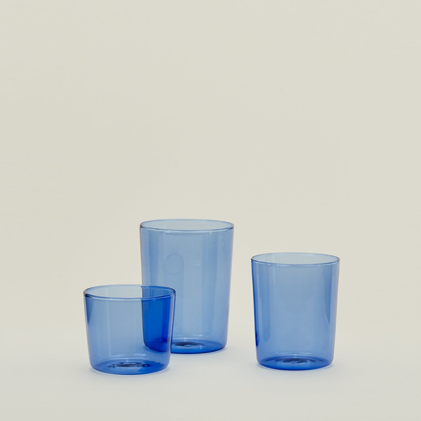 Group of three Essential Glasses in Blue in Small, Medium and Large sizes.