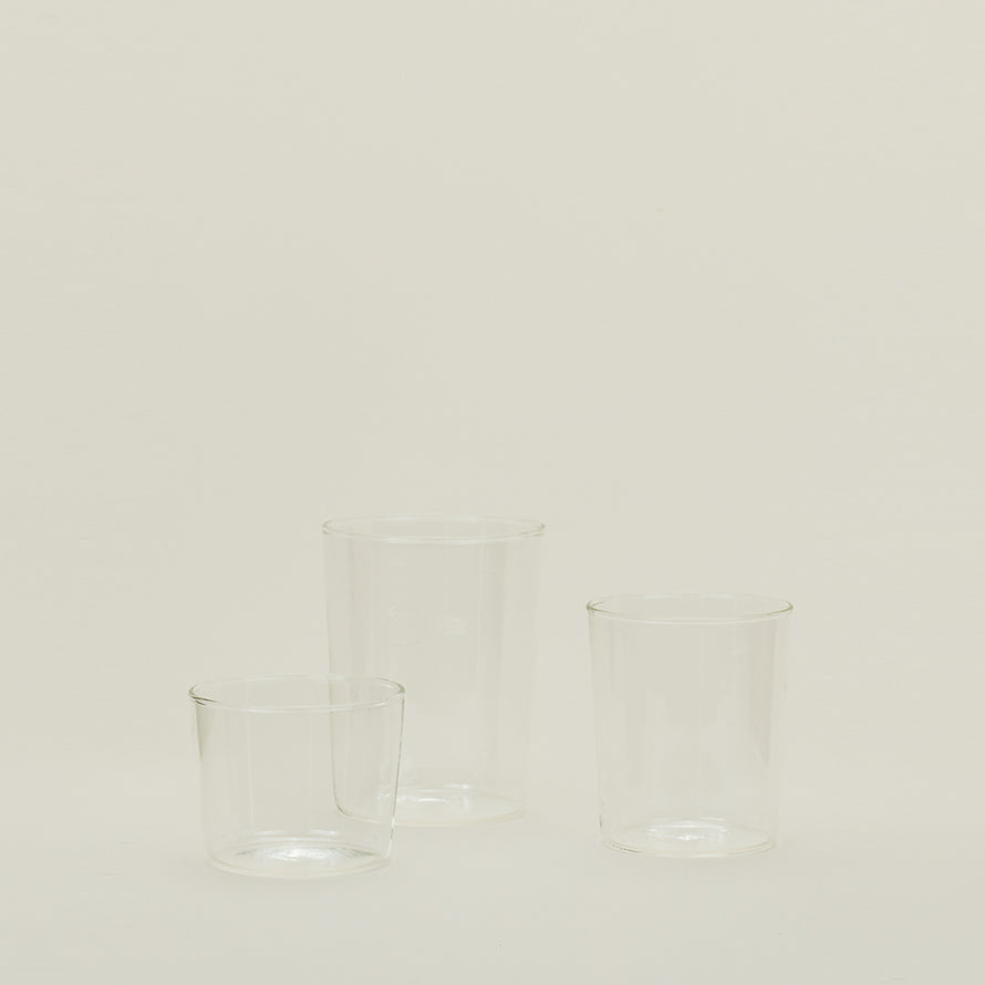 Group of three Essential Glasses in Clear in Small, Medium and Large sizes.