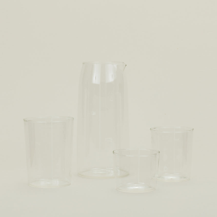 Small, Medium and Large Essential Glasses with Essential Glassware Pitcher in Clear.