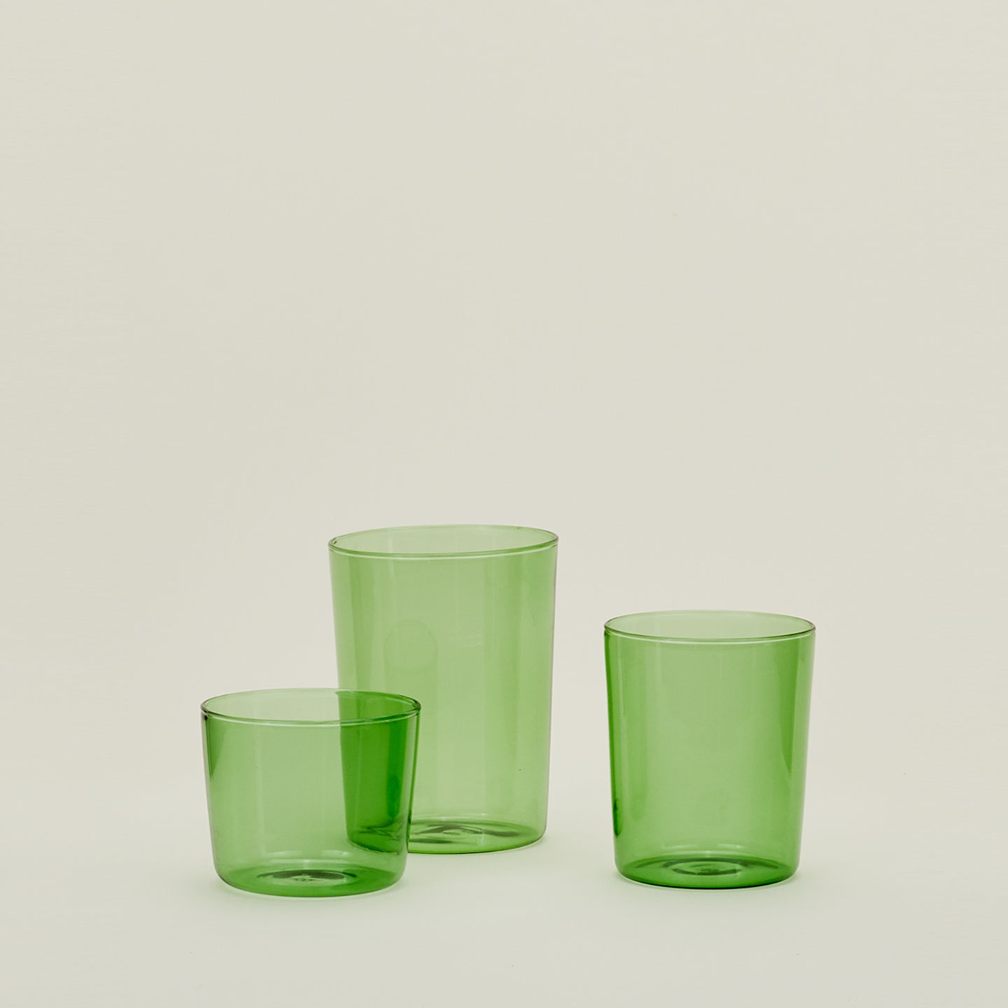 Group of three Essential Glasses in Green in Small, Medium and Large sizes.