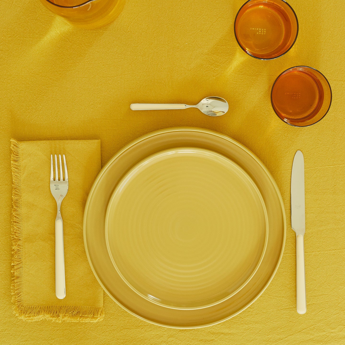 Placesetting on Essential Striped Tablecloth in Mustard.