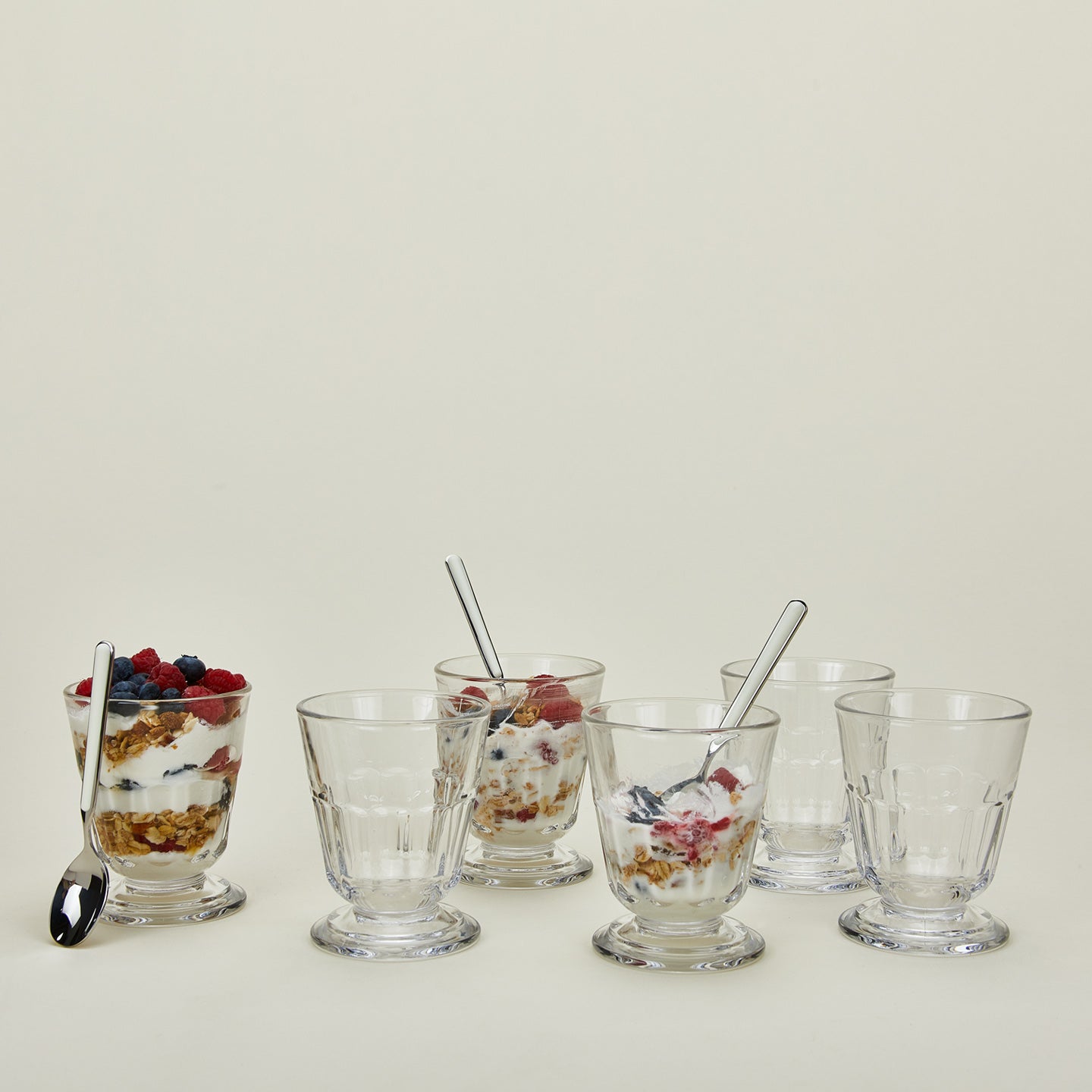 Six Perigord tumbler glasses, some with berry parfaits.