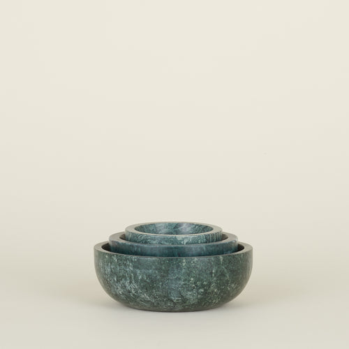 Three Simple Marble Bowls in various sizes in Green,nested.