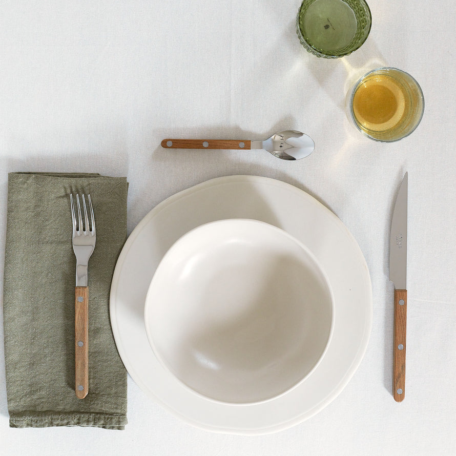 Placesetting with Simple Linen Napkin in Olive.