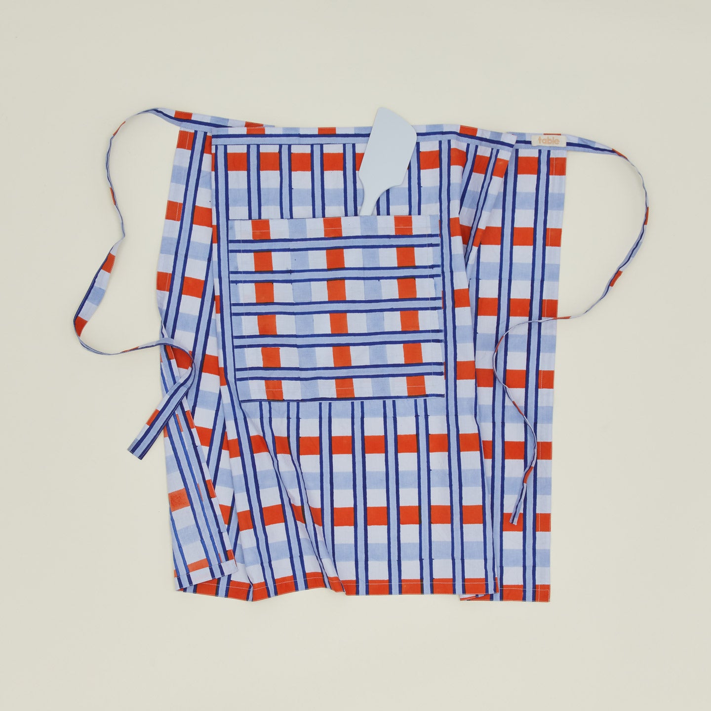 Block Printed Cafe Apron in Blue Plaid.