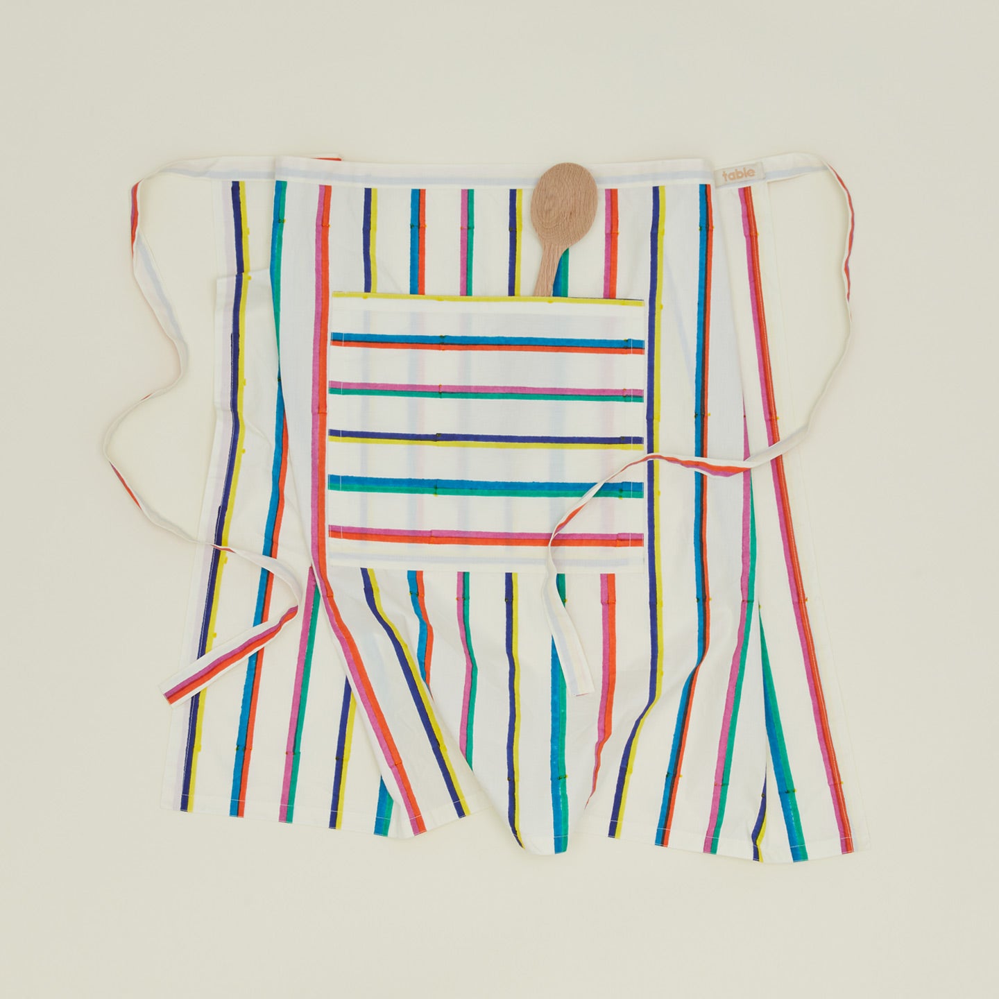 Block Printed Cafe Apron in Multi Stripe.