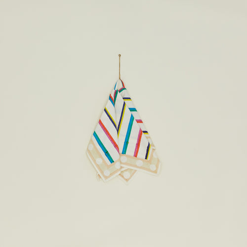Block Printed Dish Cloth in Multi Stripe hanging from hook.