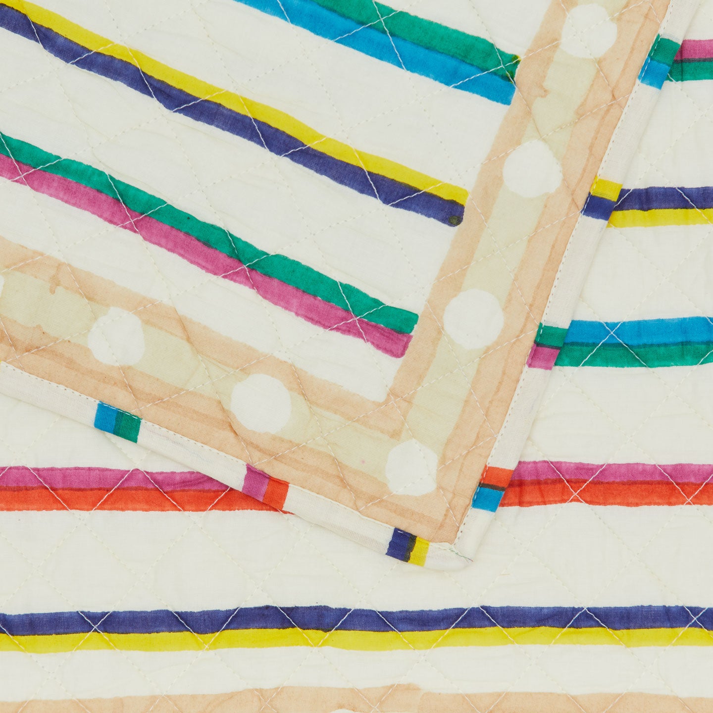 Close up of Block Printed Quilted Placemat in Multi Stripe.