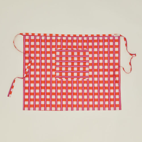 Block Printed Cafe Apron in Red Plaid.