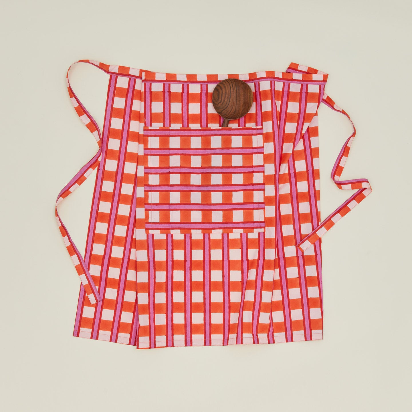 Block Printed Cafe Apron in Red Plaid.