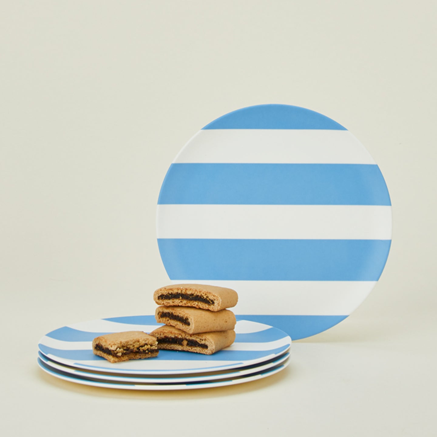 Set of 4 bamboo melamine side plates in Wide Blue Stripe.