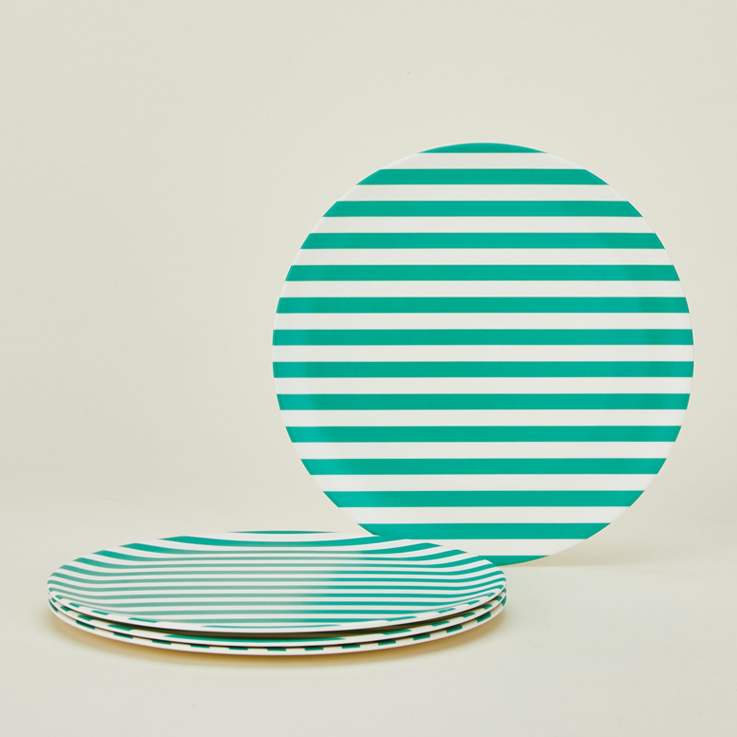 Set of 4 bamboo melamine dinner plates in Green Sripe.