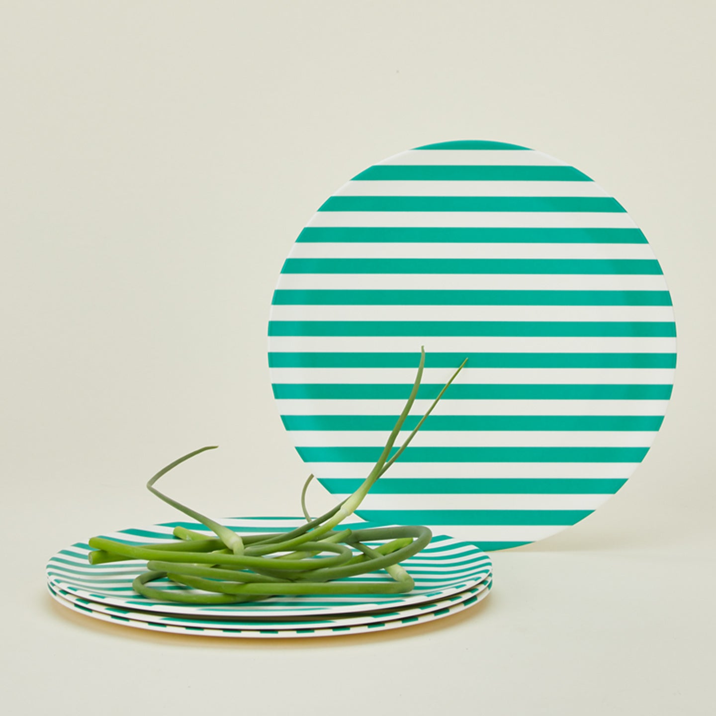 Set of 4 bamboo melamine dinner plates in Green Sripe.